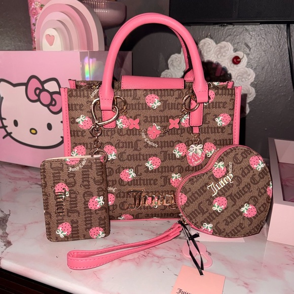 Juicy Couture Handbags - Juicy Couture Strawberry Print Satchel with Matching Wallet and Heart Coin Pouch